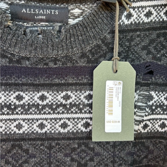 AllSaints Halldor Oversize Distressed Stripe Wool Blend Crewneck Sweater - Picture 6 of 6
